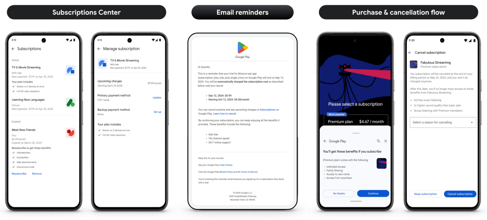 value notifications across subscriptions center, email reminders, and during purchase transactions, shown across form factors on Google Play