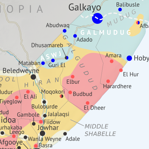 Who controls Somalia? Map (2018). With states, regions, and territorial control. Best Somalia control map online, thoroughly researched and detailed but concise. Shows territorial control by Federal Government of Somalia (FGS), Al Shabaab, so-called Islamic State (ISIS/ISIL), separatist Somaliland, and autonomous states Puntland, Galmudug, Khatumo, and the ASWJ Sufi militia. Updated to March 28, 2018. Colorblind accessible.