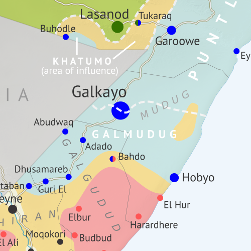 Who controls Somalia? Map (2018). With states, regions, and territorial control. Best Somalia control map online, thoroughly researched and detailed but concise. Shows territorial control by Federal Government of Somalia (FGS), Al Shabaab, so-called Islamic State (ISIS/ISIL), separatist Somaliland, and autonomous states Puntland, Galmudug, and Khatumo (the ASWJ Sufi militia has merged with Galmudug state). Updated to June 2, 2018. Colorblind accessible.