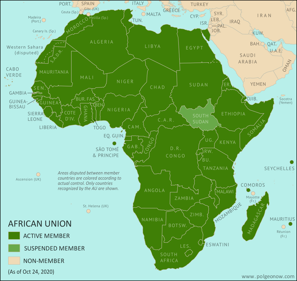 African Union: Map of Africa showing which countries are in the African Union in 2020, including active and suspended member countries and non-member territories. Updated for the October 2020 reinstatement of Mali (colorblind accessible).