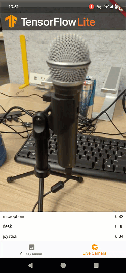 Moving image of a live camera feed showing several objects on a work desk being correctly identified in the app